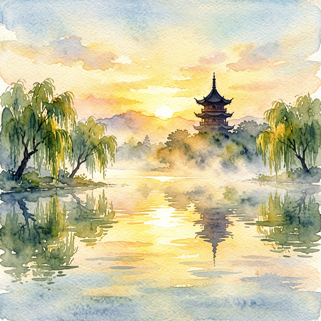 West Lake at dawn, quiet morning on the lake shore
