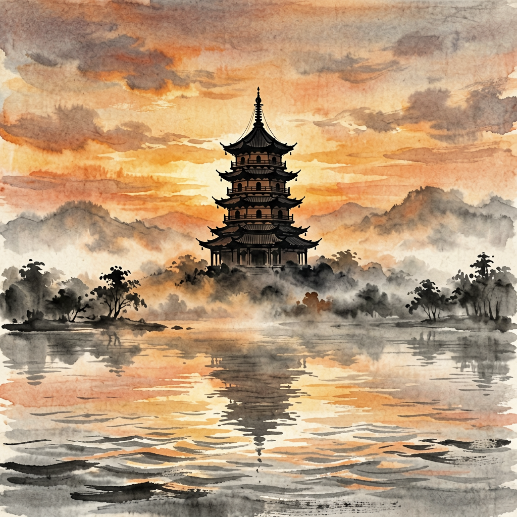 Leifeng Pagoda at sunset over West Lake