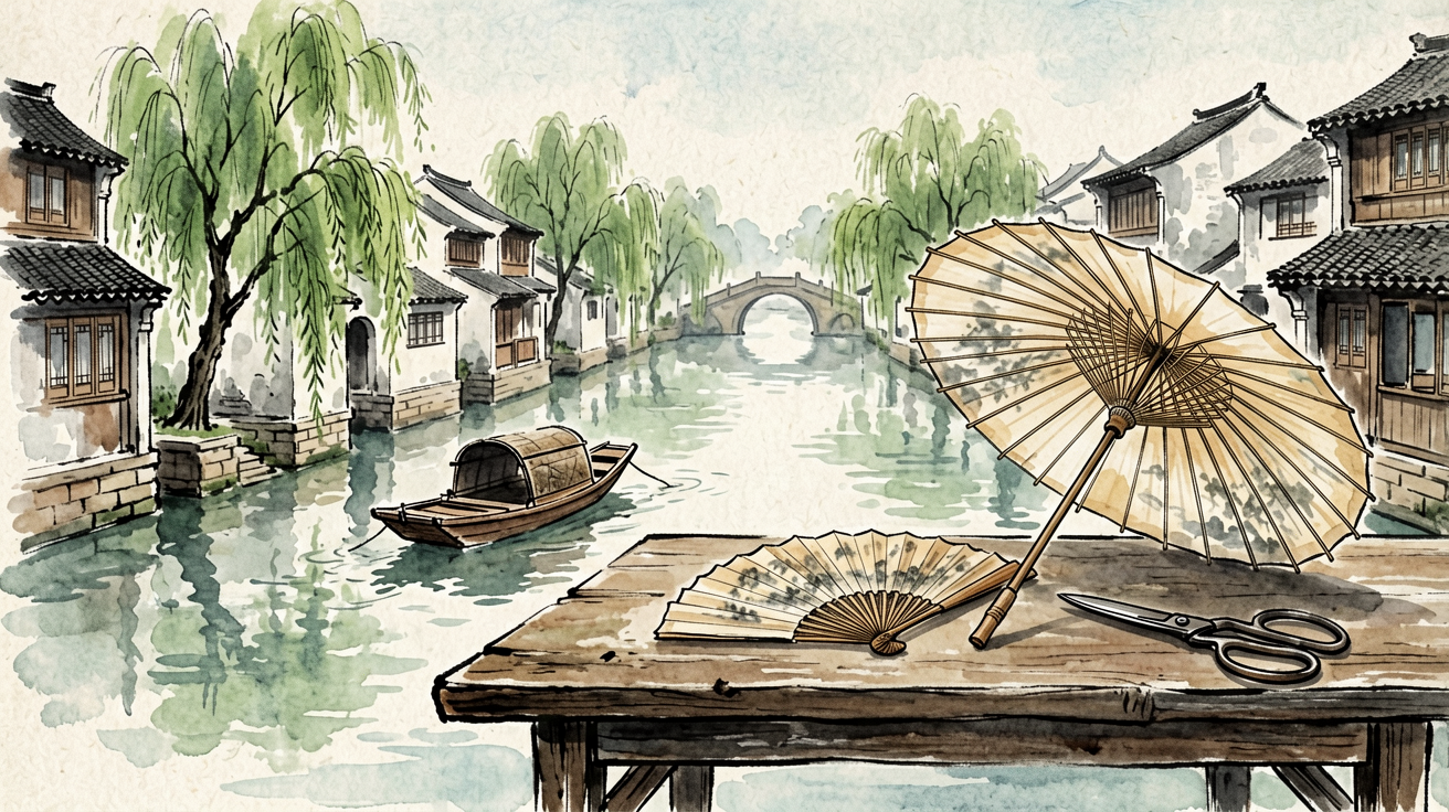 Watercolor illustration of Hangzhou crafts beside the Grand Canal