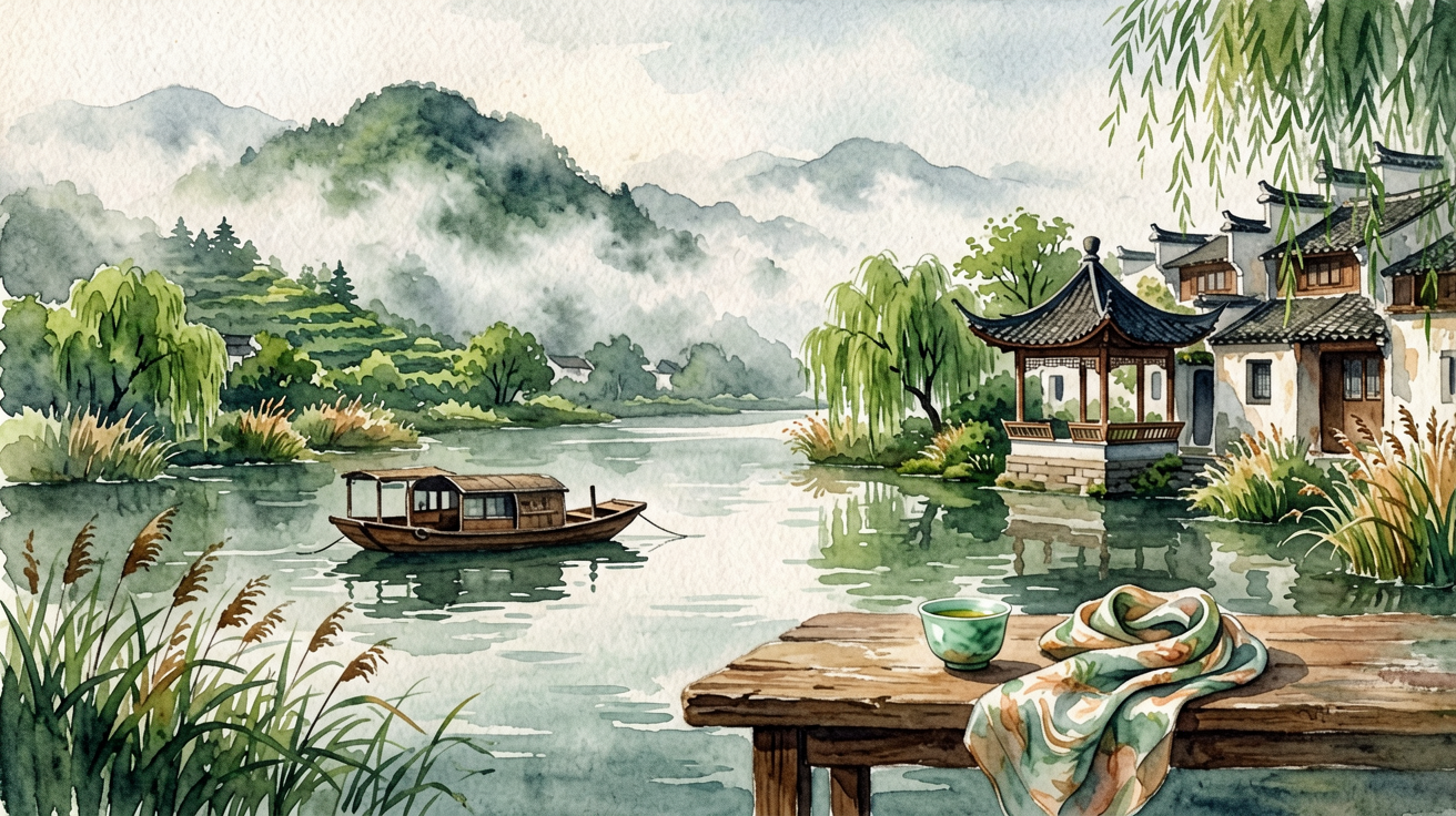 Watercolor illustration of Hangzhou tea hills, water, and cultural landscape