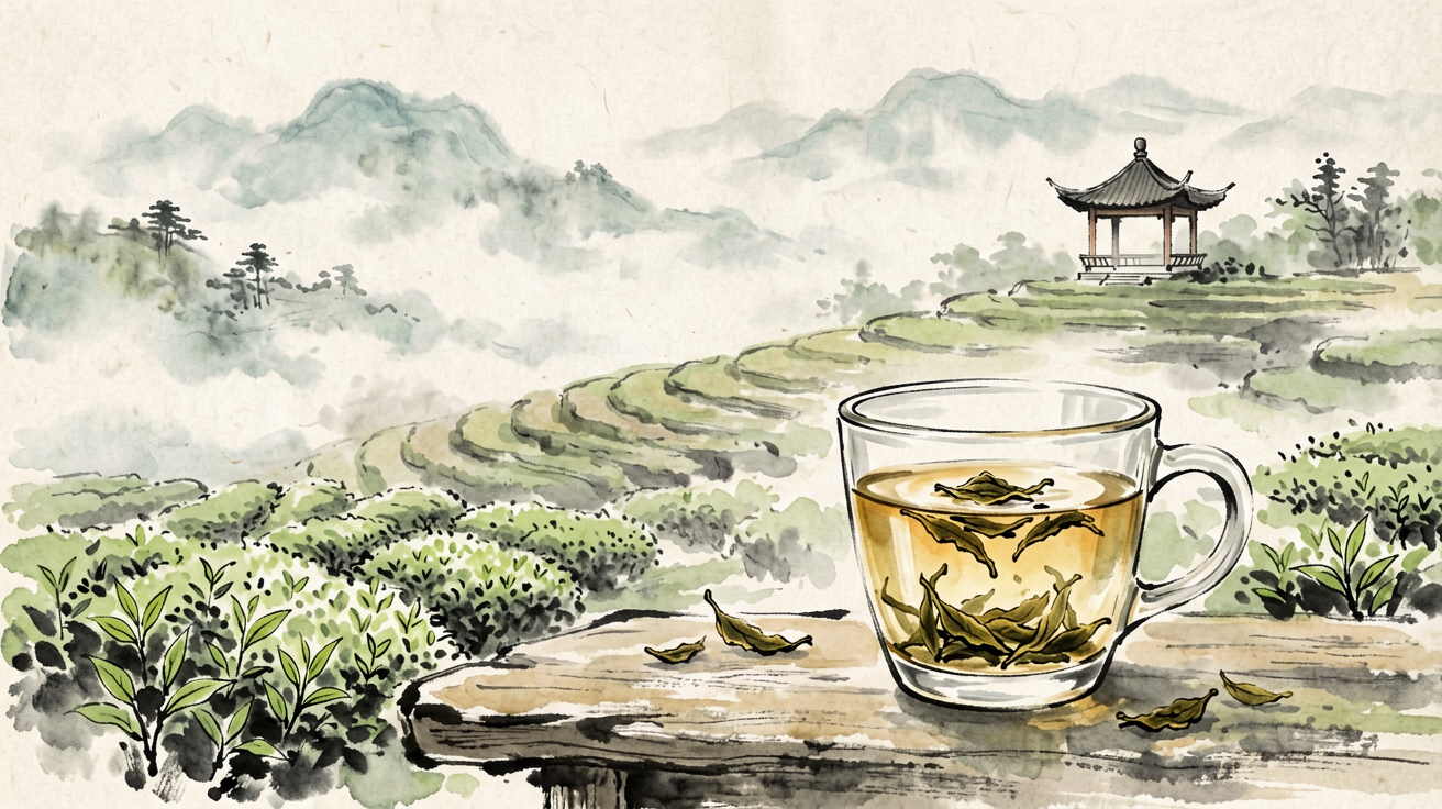 Watercolor illustration of Longjing tea hills in Hangzhou